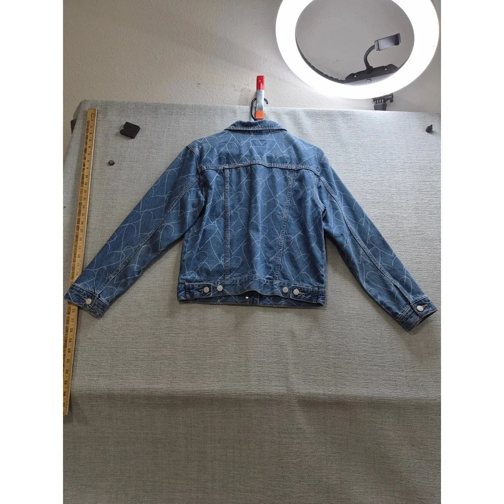 Old Navy Trucker Jacket Girls XL (14-16) Blue Allover Heart Print Button Front